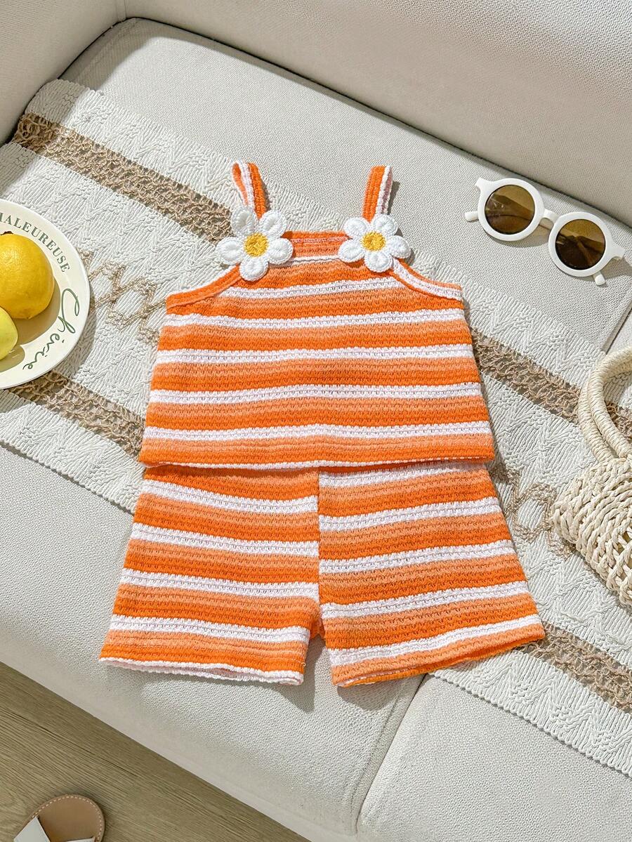 Striped Knit Camisole And Shorts Set For Baby Girls Summer Vacation Wear