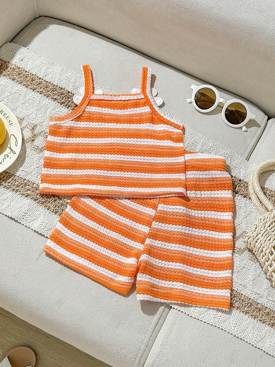 Striped Knit Camisole And Shorts Set For Baby Girls Summer Vacation Wear