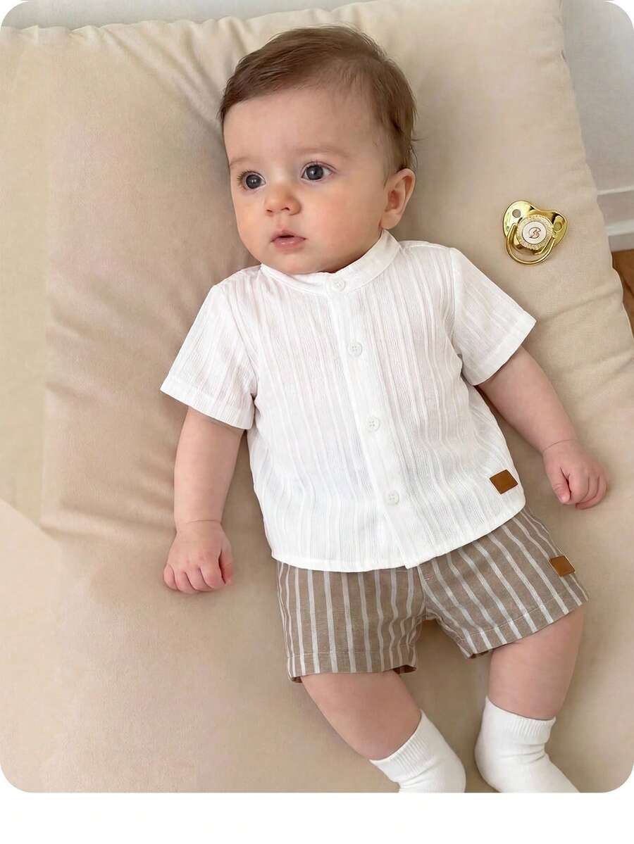 Striped Short Sleeve Shirt and Elastic Waist Shorts Set for Cute Summer Daily Wear