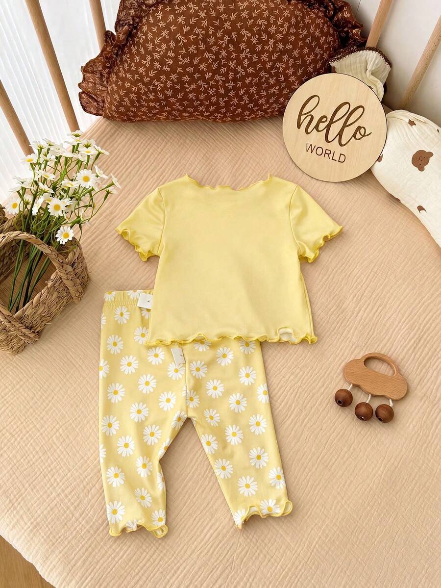 2PCS Baby Daisy Print T-Shirt and Shorts Set for Summer Daily Wear