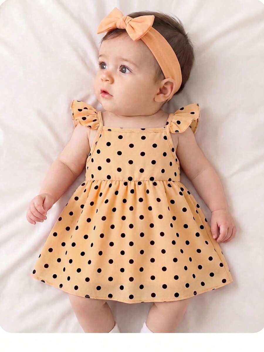 Newborn Baby Girl Red Polka Dot Flutter Sleeve Dress - Cute Vacation Style
