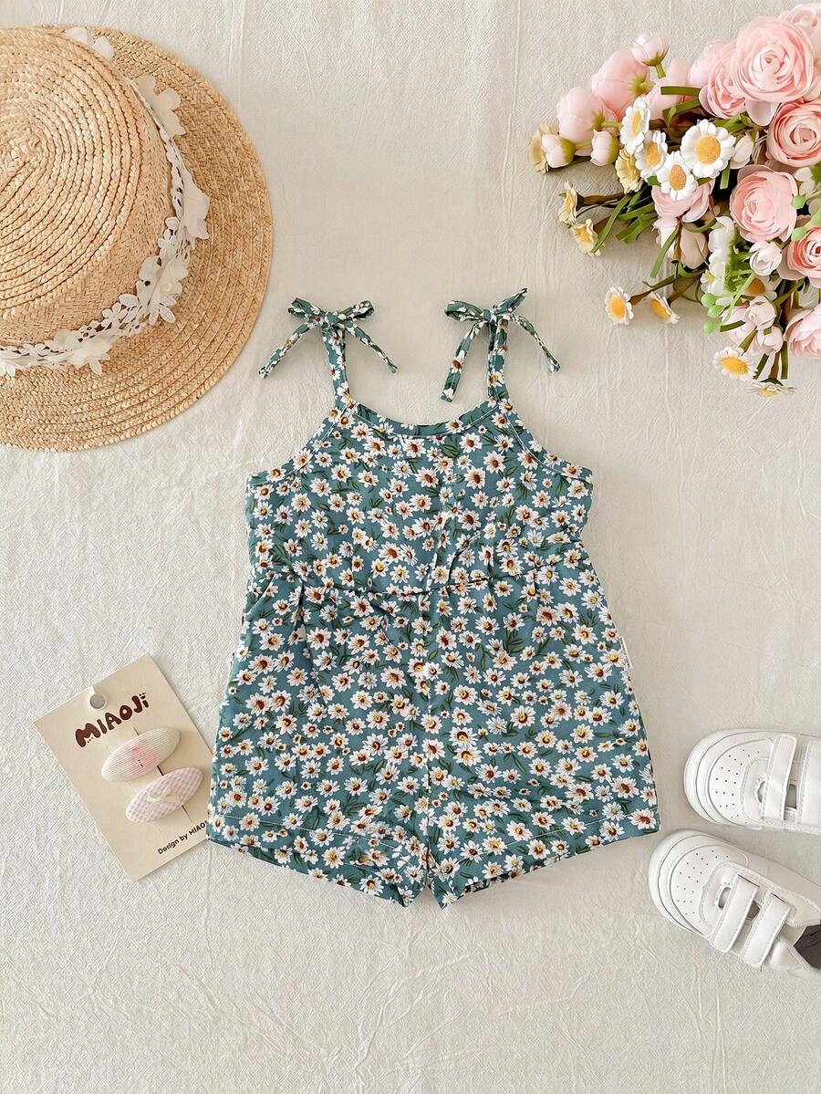 Cute Ditsy Floral Baby Girl Romper Sage Green Summer Outfit