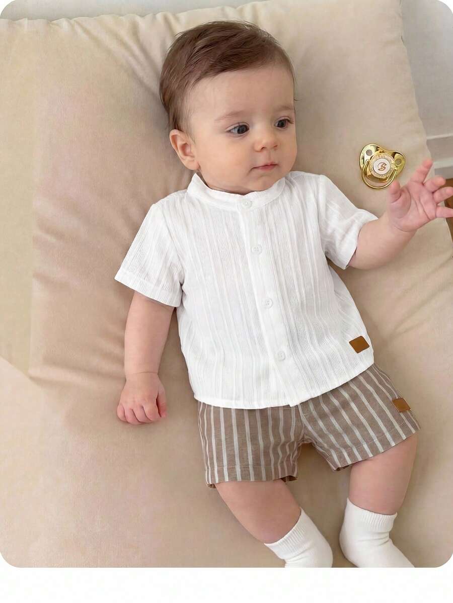 Striped Short Sleeve Shirt and Elastic Waist Shorts Set for Cute Summer Daily Wear