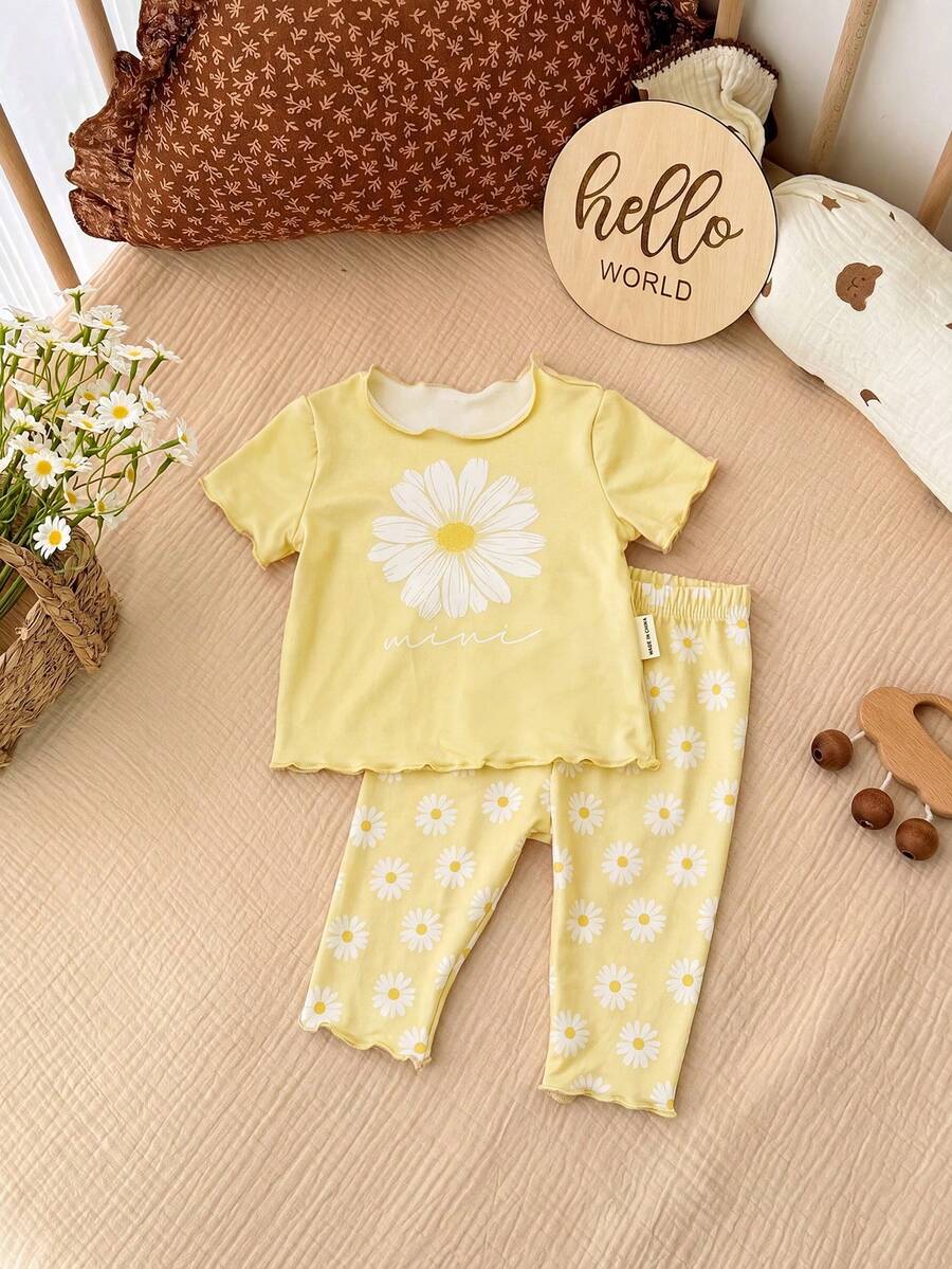 2PCS Baby Daisy Print T-Shirt and Shorts Set for Summer Daily Wear