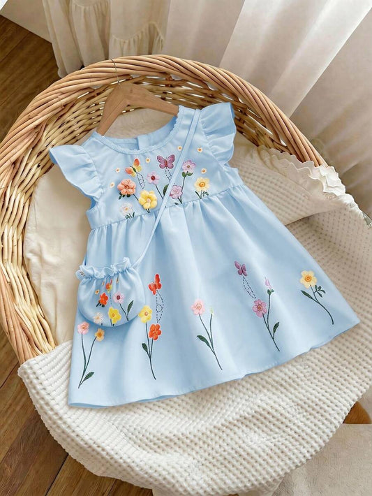 Infant Girl 2-Piece Embroidered Dress Set with Diagonal Shoulder Bag