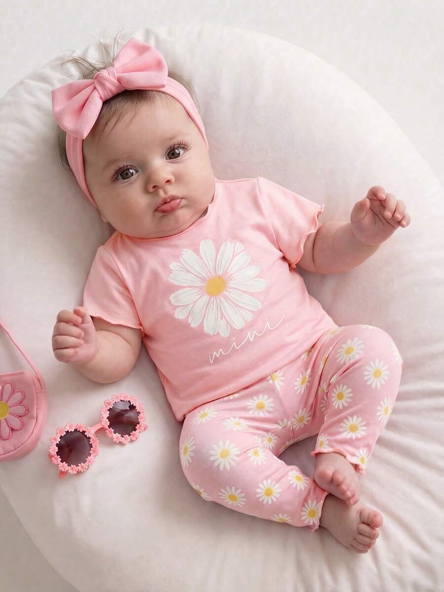2PCS Baby Daisy Print T-Shirt and Shorts Set for Summer Daily Wear