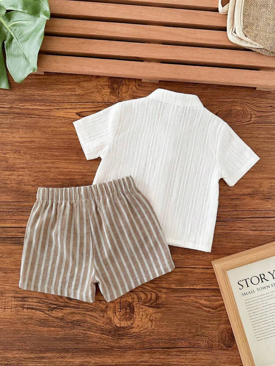 Striped Short Sleeve Shirt and Elastic Waist Shorts Set for Cute Summer Daily Wear