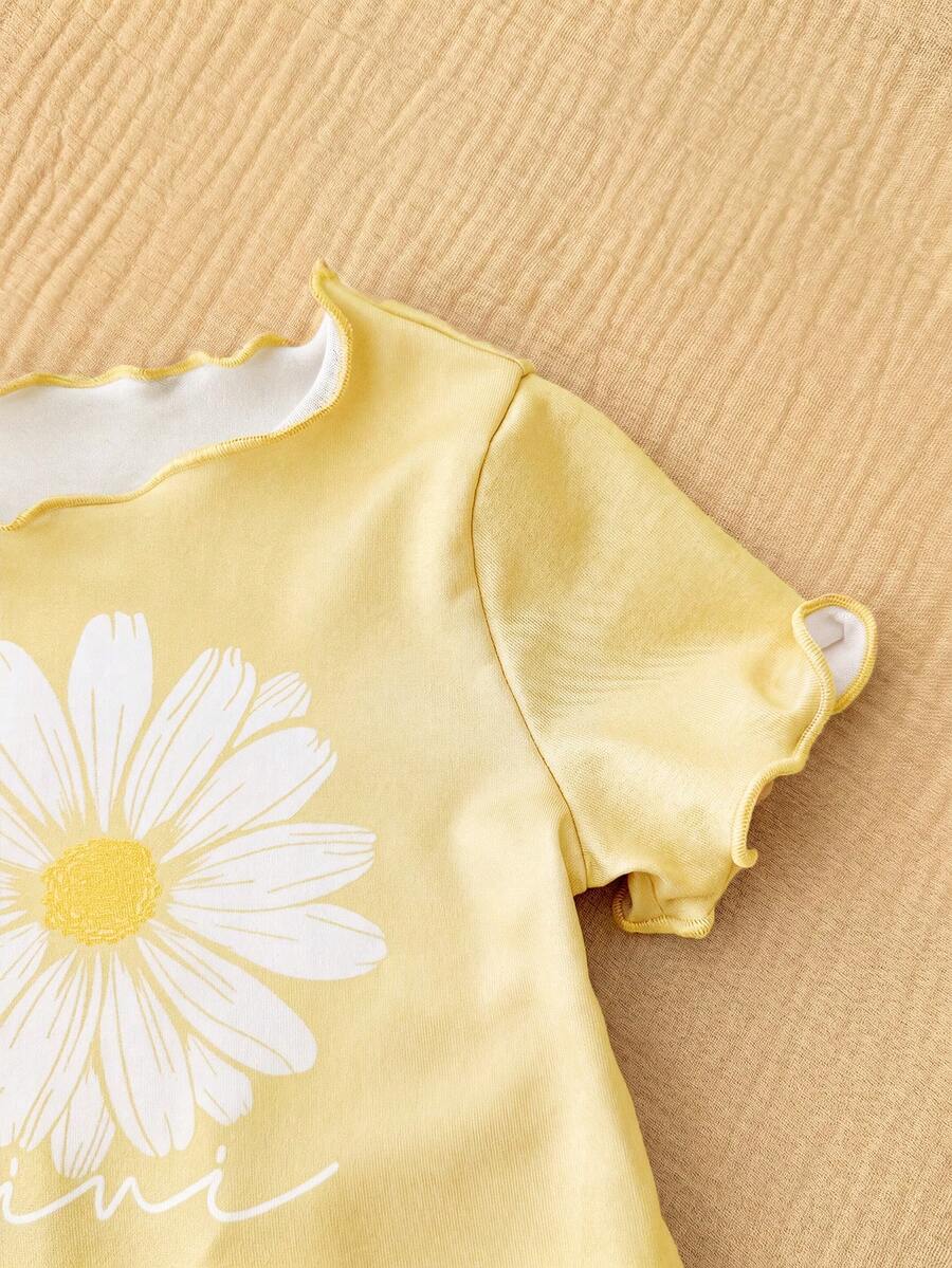 2PCS Baby Daisy Print T-Shirt and Shorts Set for Summer Daily Wear