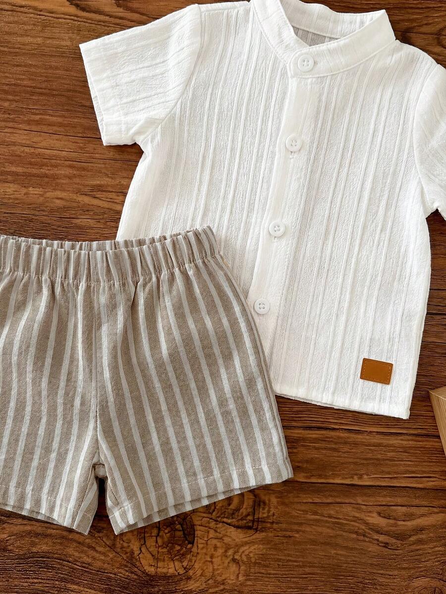 Striped Short Sleeve Shirt and Elastic Waist Shorts Set for Cute Summer Daily Wear