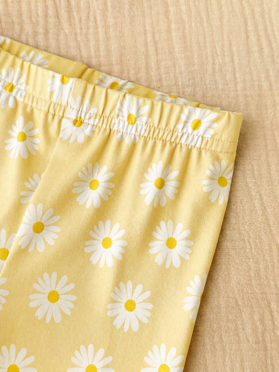 2PCS Baby Daisy Print T-Shirt and Shorts Set for Summer Daily Wear