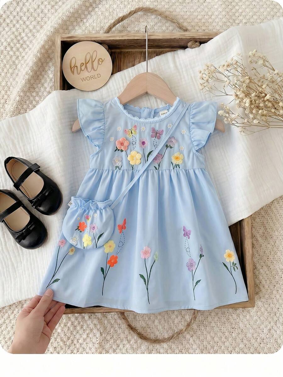 Infant Girl 2-Piece Embroidered Dress Set with Diagonal Shoulder Bag