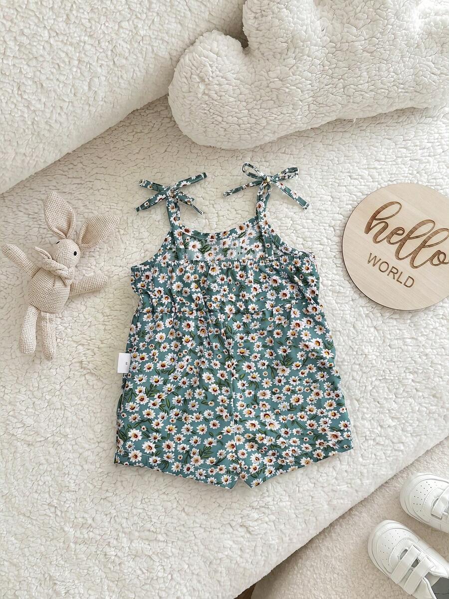 Cute Ditsy Floral Baby Girl Romper Sage Green Summer Outfit
