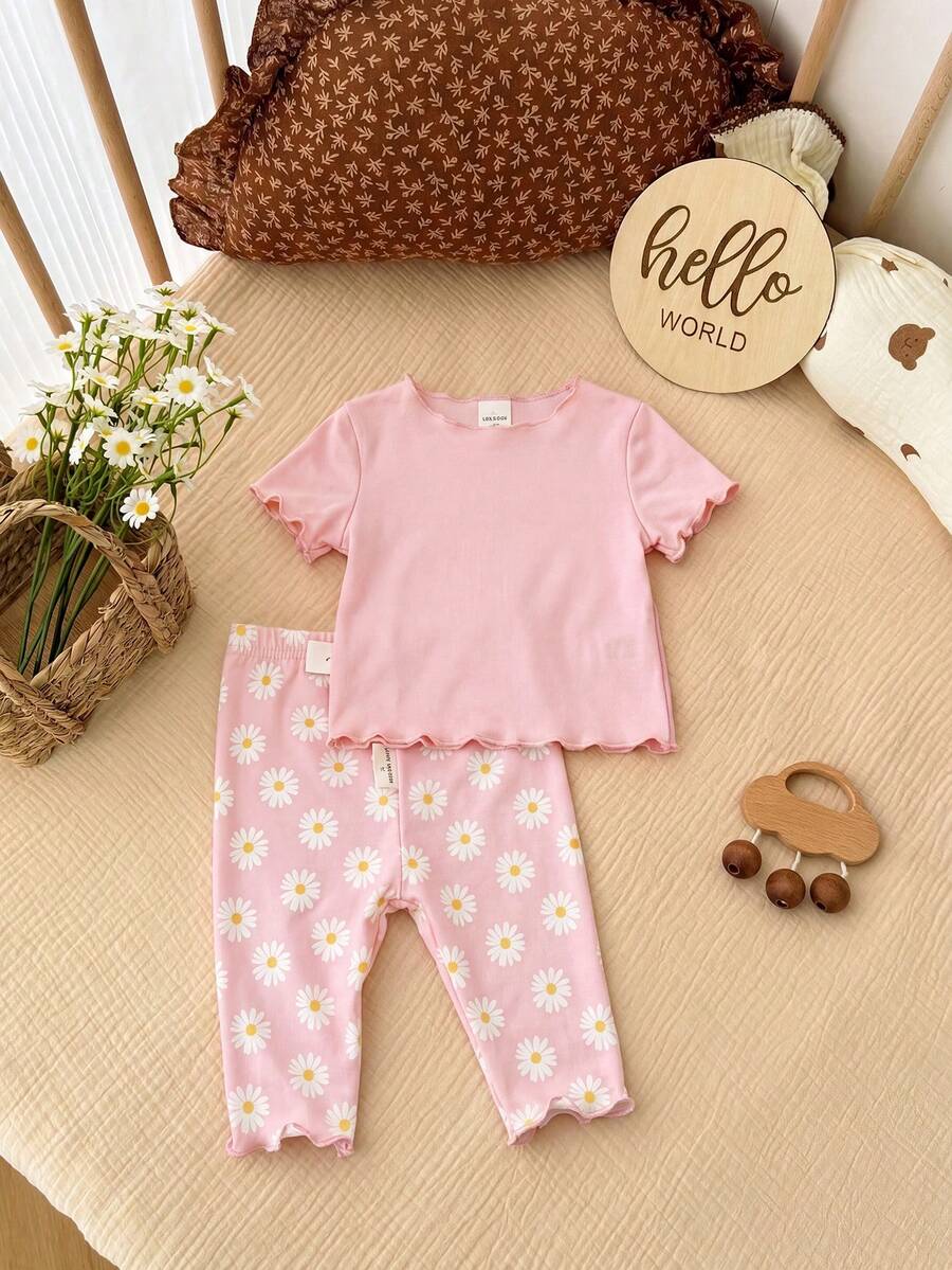 2PCS Baby Daisy Print T-Shirt and Shorts Set for Summer Daily Wear