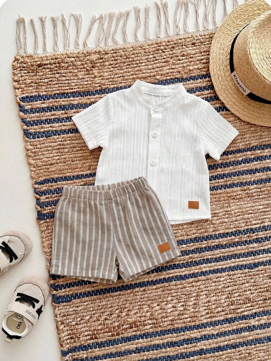 Striped Short Sleeve Shirt and Elastic Waist Shorts Set for Cute Summer Daily Wear