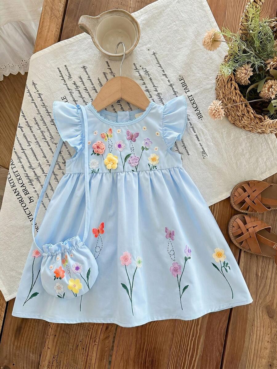 Infant Girl 2-Piece Embroidered Dress Set with Diagonal Shoulder Bag