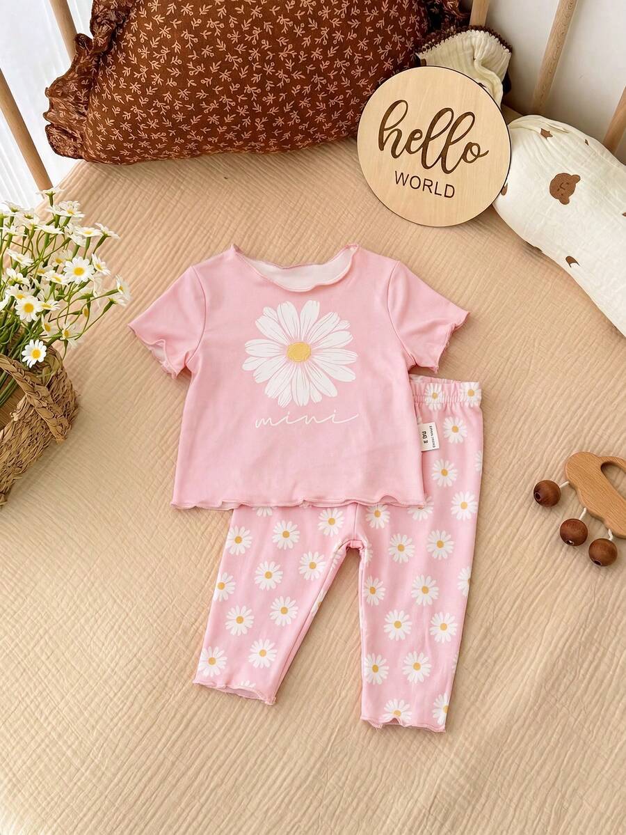 2PCS Baby Daisy Print T-Shirt and Shorts Set for Summer Daily Wear
