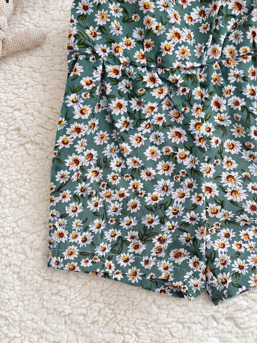 Cute Ditsy Floral Baby Girl Romper Sage Green Summer Outfit