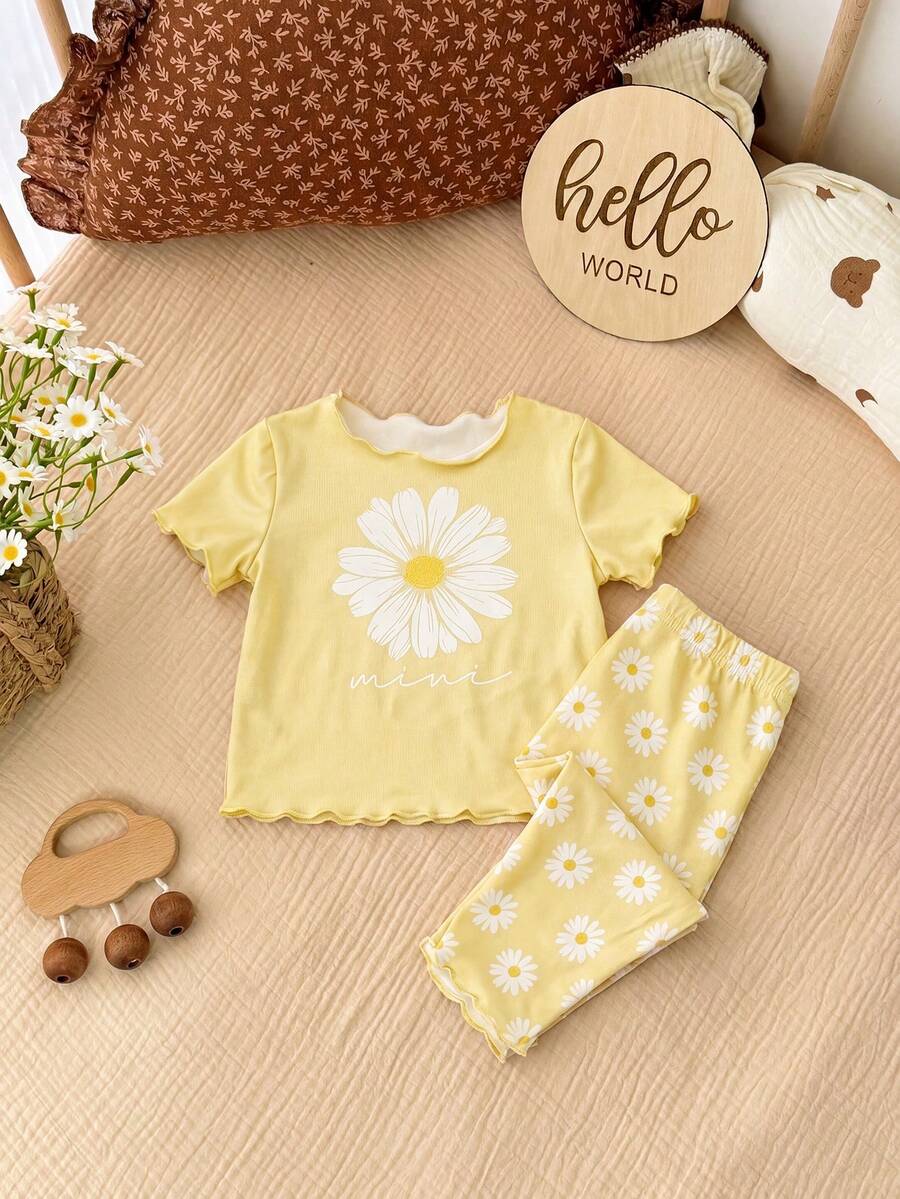 2PCS Baby Daisy Print T-Shirt and Shorts Set for Summer Daily Wear