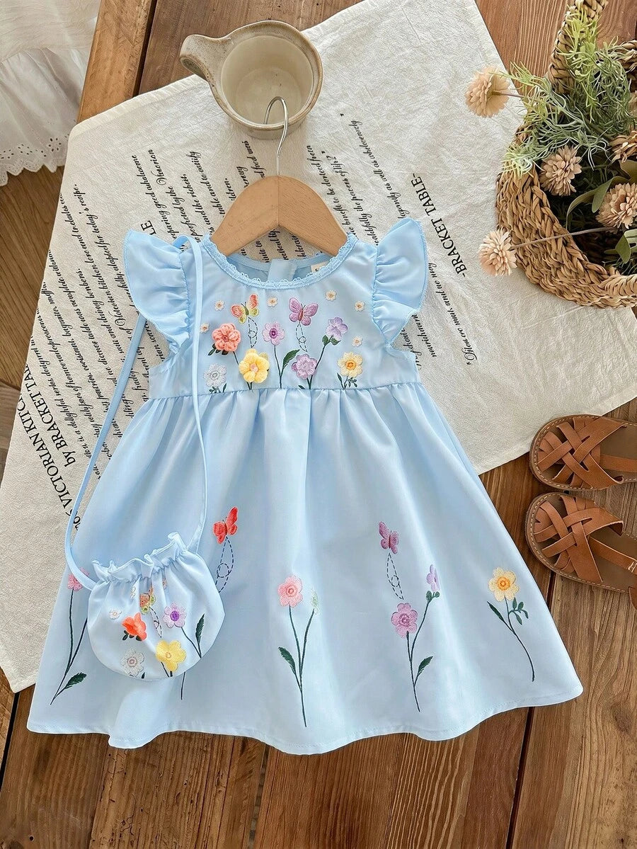Infant Girl 2-Piece Embroidered Dress Set with Diagonal Shoulder Bag