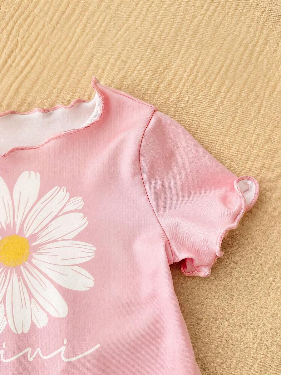 2PCS Baby Daisy Print T-Shirt and Shorts Set for Summer Daily Wear