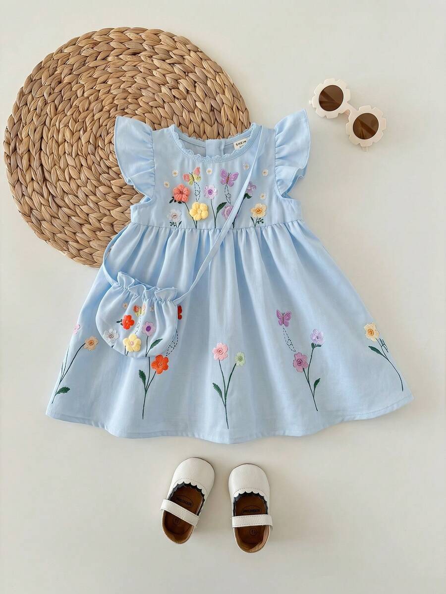 Infant Girl 2-Piece Embroidered Dress Set with Diagonal Shoulder Bag