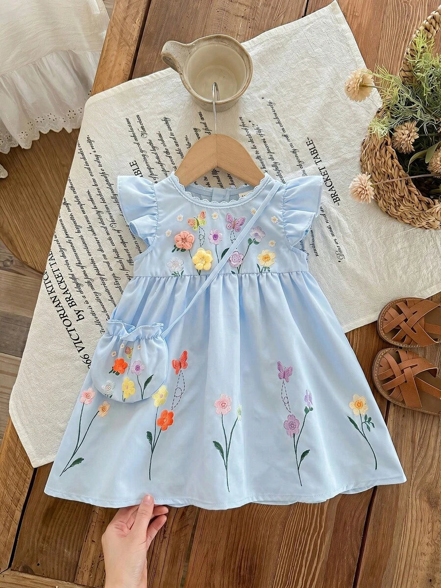 Infant Girl 2-Piece Embroidered Dress Set with Diagonal Shoulder Bag