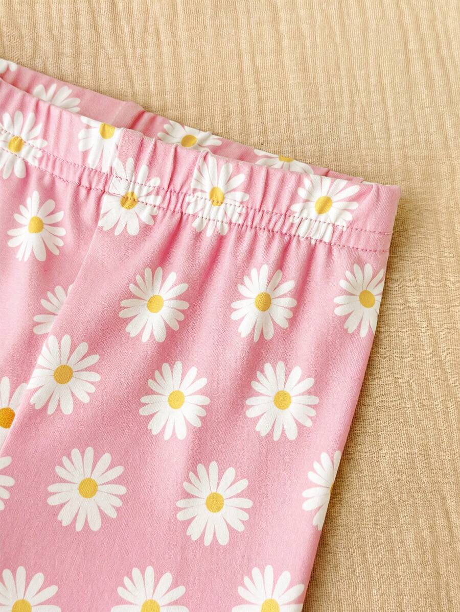 2PCS Baby Daisy Print T-Shirt and Shorts Set for Summer Daily Wear