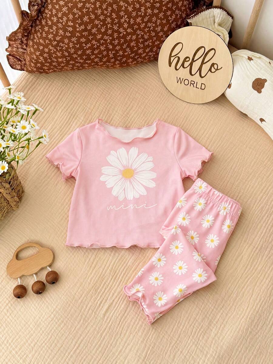 2PCS Baby Daisy Print T-Shirt and Shorts Set for Summer Daily Wear