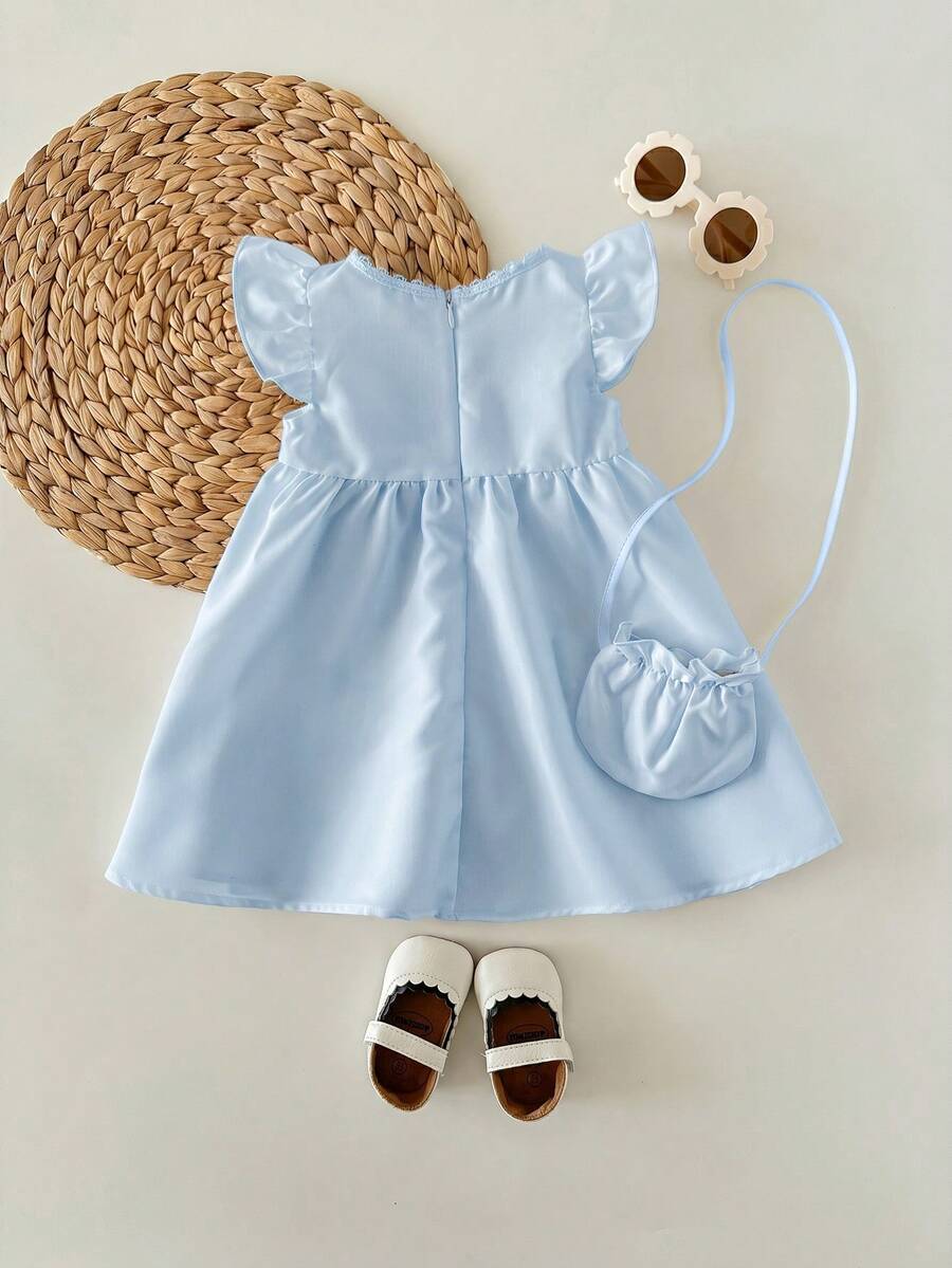 Infant Girl 2-Piece Embroidered Dress Set with Diagonal Shoulder Bag