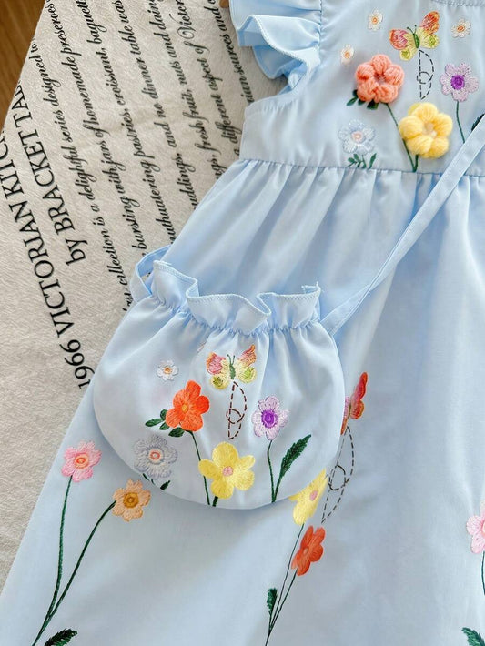 Infant Girl 2-Piece Embroidered Dress Set with Diagonal Shoulder Bag