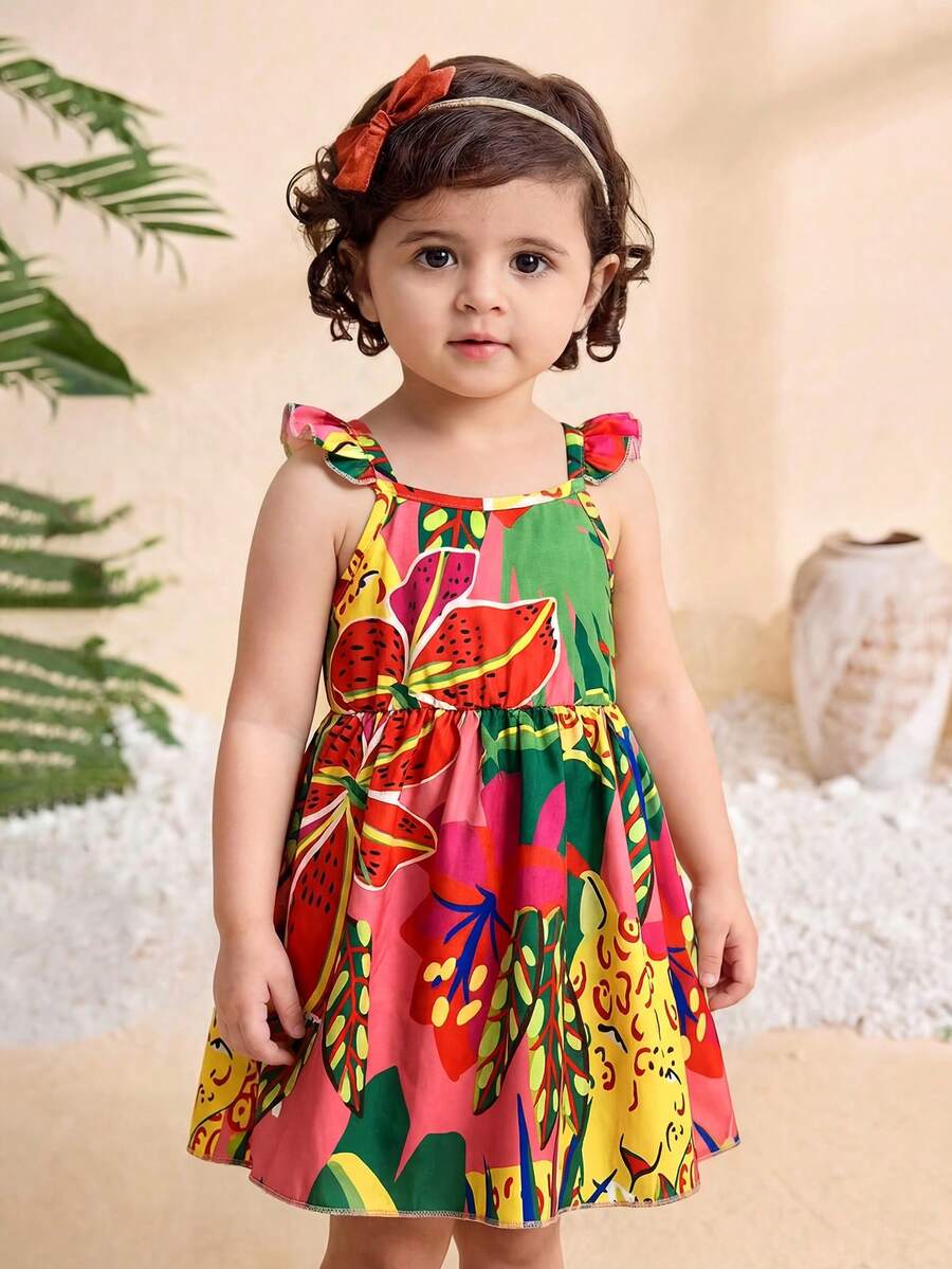Baby Girl Retro Vintage Floral Dress - Sleeveless Elastic Waist Casual Sundress