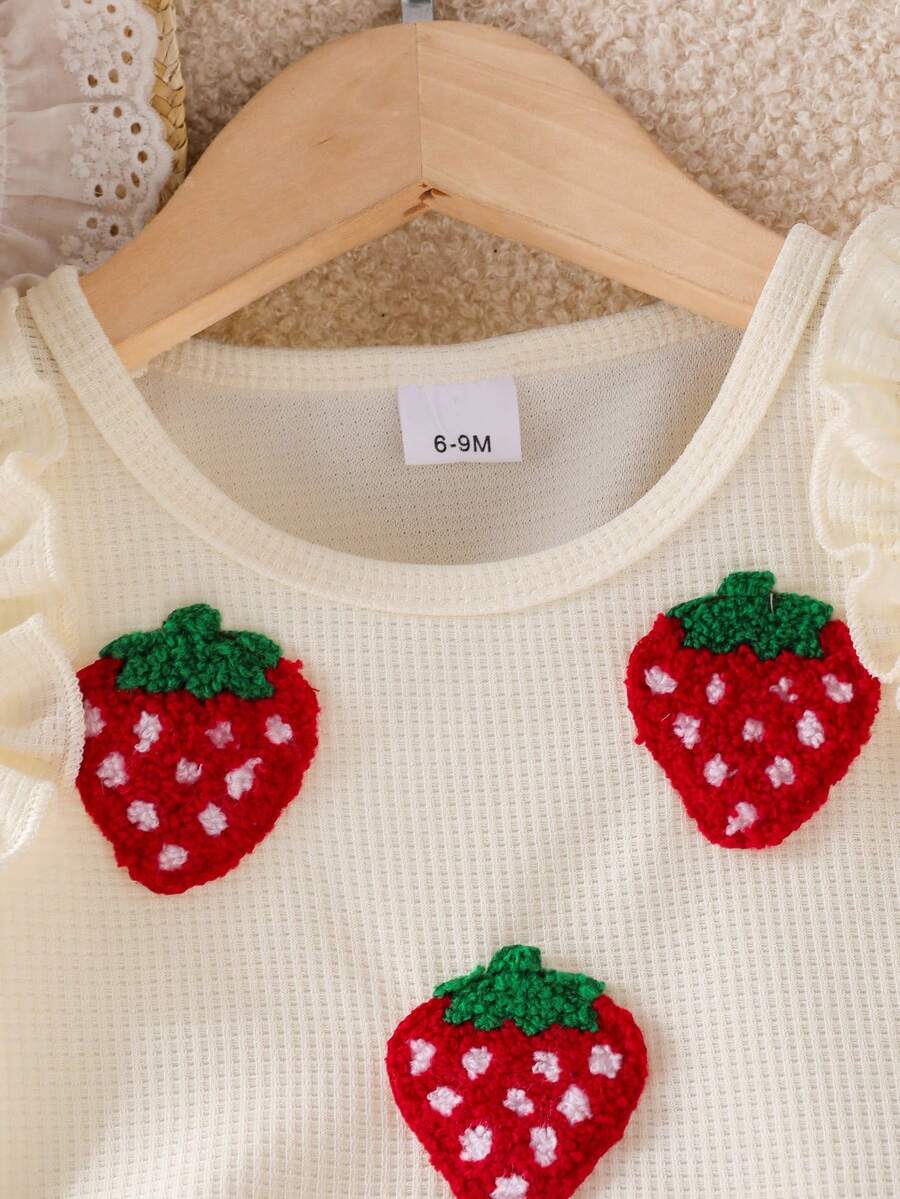Baby Girl 2-Piece Summer Cherry Embroidered Top and Ruffle Shorts Outfit