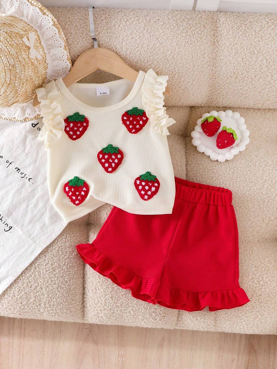 Baby Girl 2-Piece Summer Cherry Embroidered Top and Ruffle Shorts Outfit