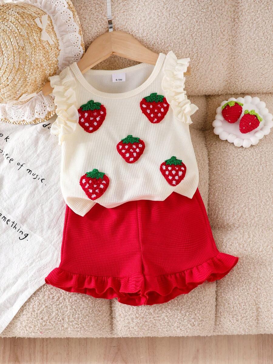Baby Girl 2-Piece Summer Cherry Embroidered Top and Ruffle Shorts Outfit