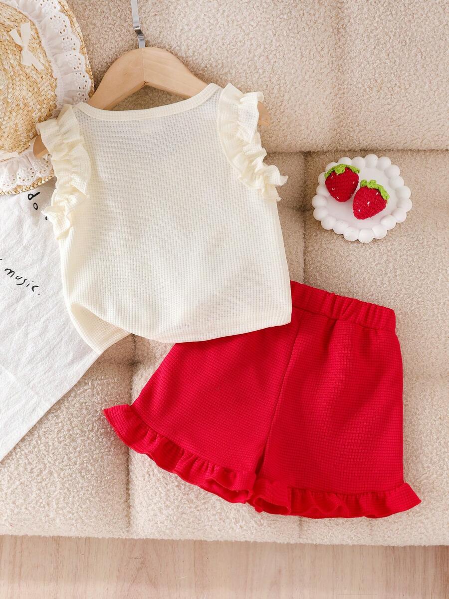 Baby Girl 2-Piece Summer Cherry Embroidered Top and Ruffle Shorts Outfit