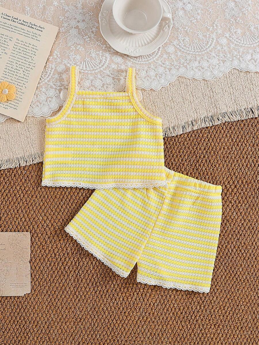 Striped Knit Camisole And Shorts Set For Baby Girls Summer Vacation Wear