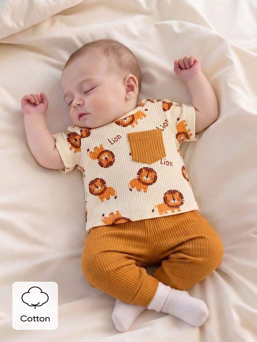 2PCS Baby Boy Dinosaur Print Top and Green Pants Set for Cute Casual Daily Wear