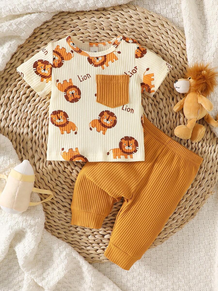 2PCS Baby Boy Dinosaur Print Top and Green Pants Set for Cute Casual Daily Wear