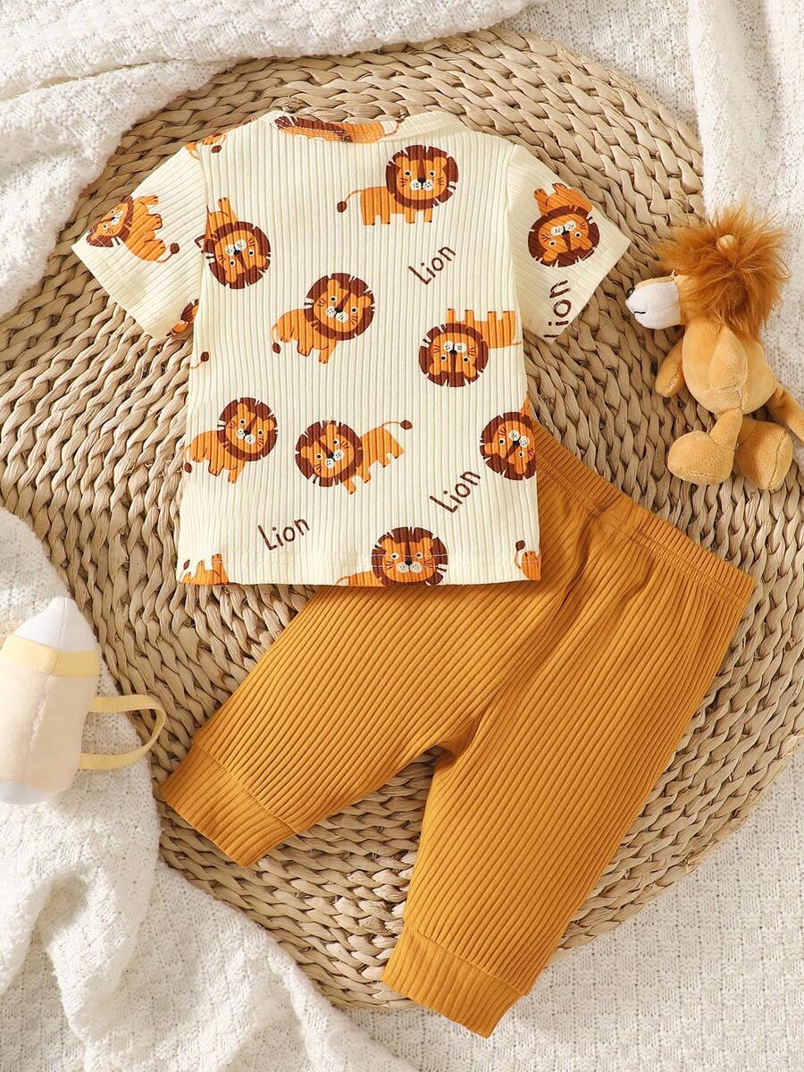 2PCS Baby Boy Dinosaur Print Top and Green Pants Set for Cute Casual Daily Wear