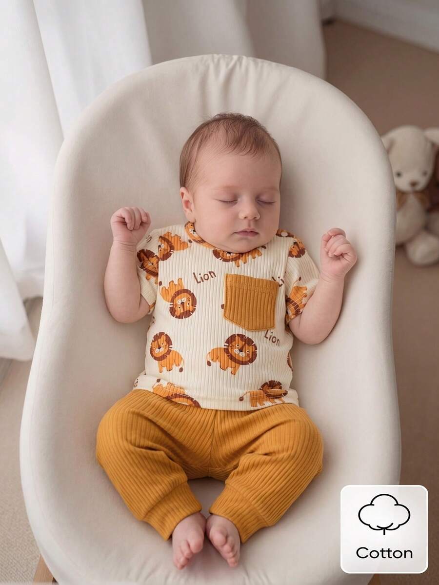 2PCS Baby Boy Dinosaur Print Top and Green Pants Set for Cute Casual Daily Wear