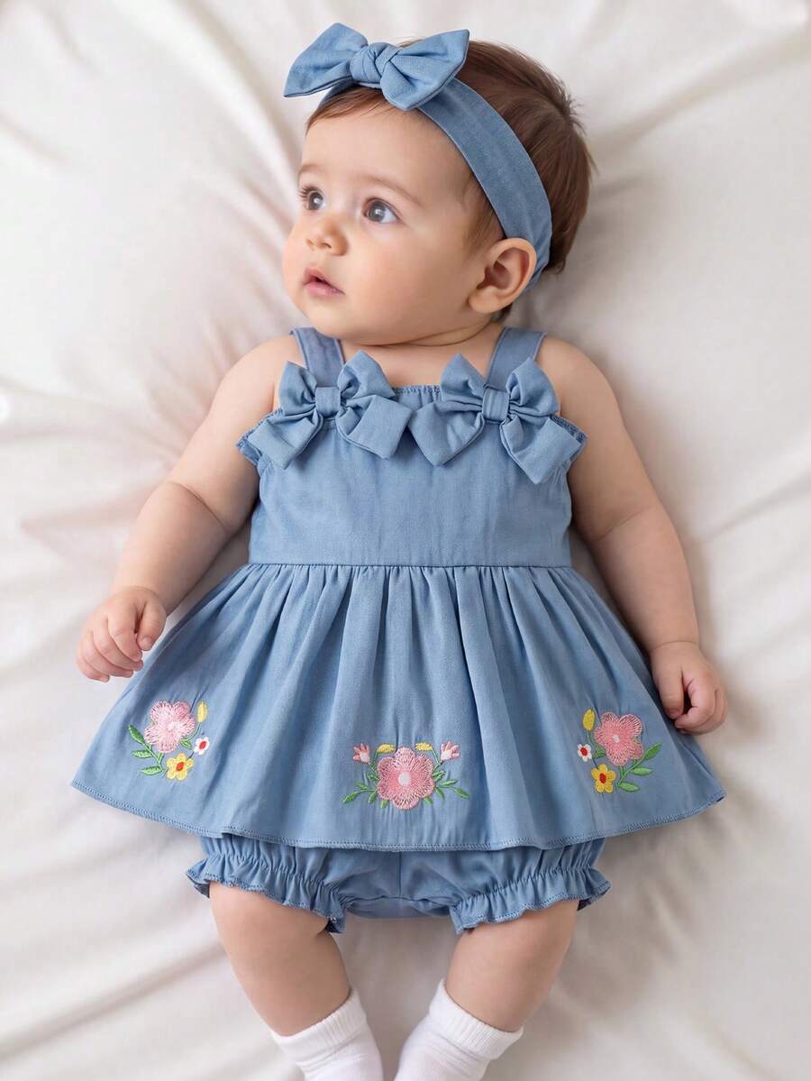 2PCS Baby Strawberry Embroidered Strap Top and Shorts Set for Cute Summer Vacations and Photoshoots