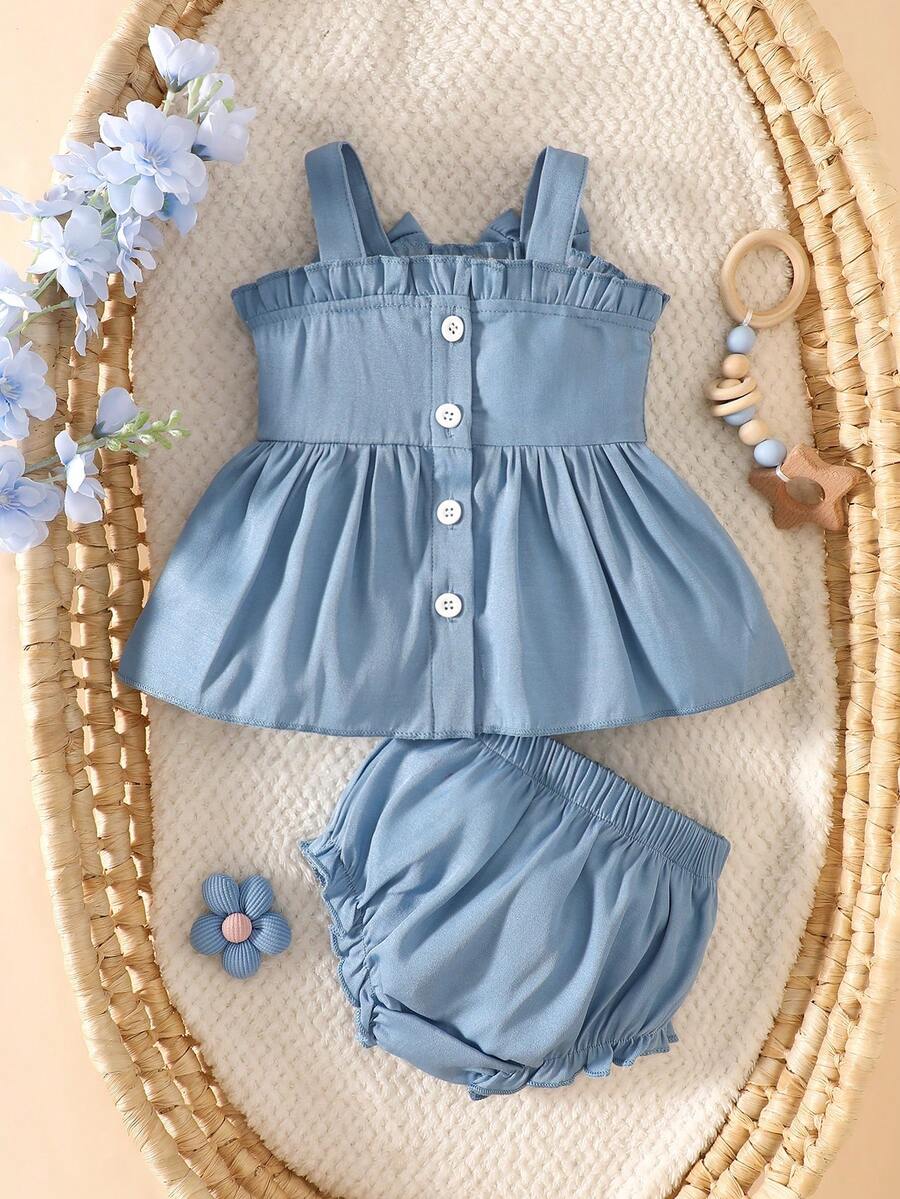 2PCS Baby Strawberry Embroidered Strap Top and Shorts Set for Cute Summer Vacations and Photoshoots