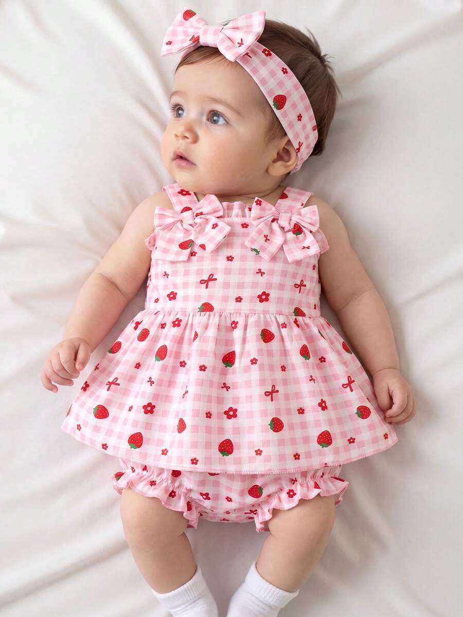 2PCS Baby Strawberry Embroidered Strap Top and Shorts Set for Cute Summer Vacations and Photoshoots