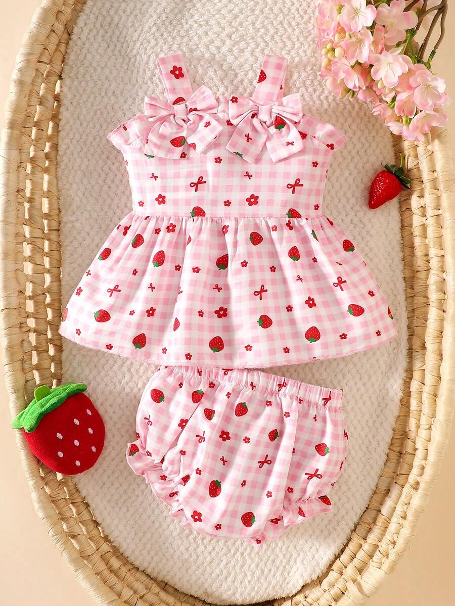 2PCS Baby Strawberry Embroidered Strap Top and Shorts Set for Cute Summer Vacations and Photoshoots