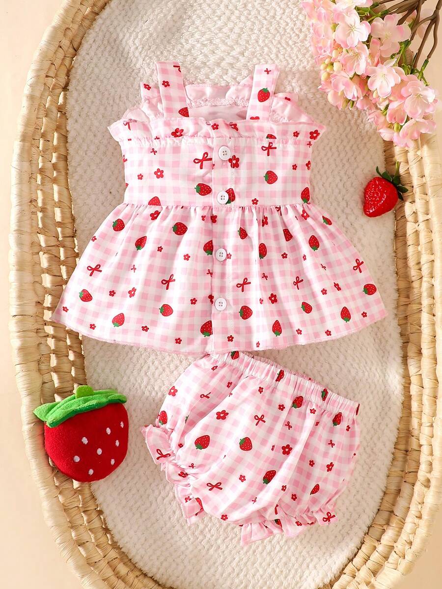 2PCS Baby Strawberry Embroidered Strap Top and Shorts Set for Cute Summer Vacations and Photoshoots