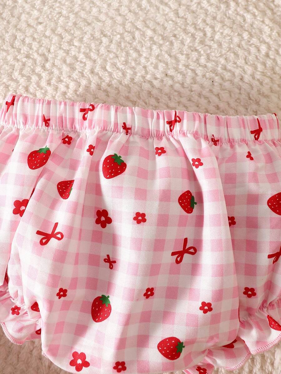 2PCS Baby Strawberry Embroidered Strap Top and Shorts Set for Cute Summer Vacations and Photoshoots