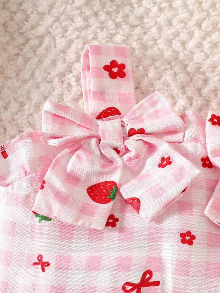 2PCS Baby Strawberry Embroidered Strap Top and Shorts Set for Cute Summer Vacations and Photoshoots