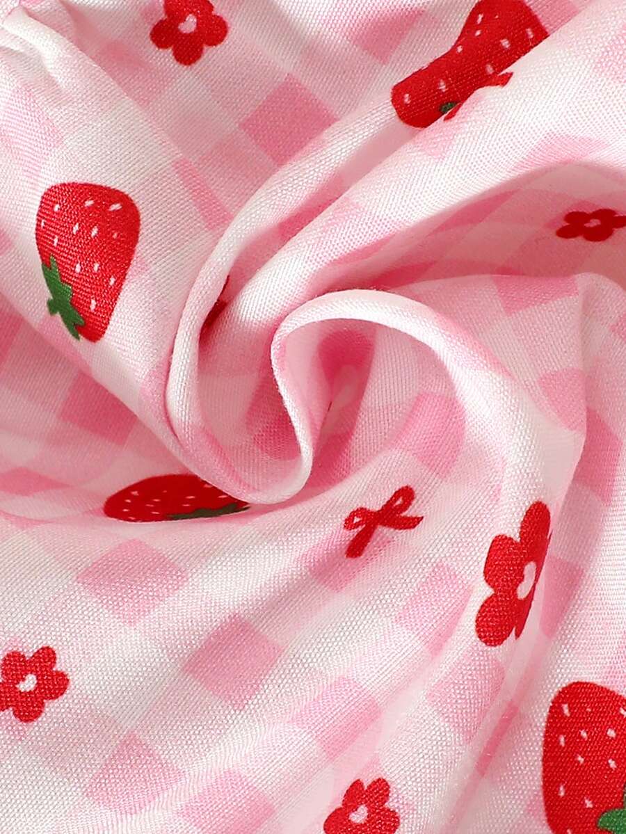 2PCS Baby Strawberry Embroidered Strap Top and Shorts Set for Cute Summer Vacations and Photoshoots