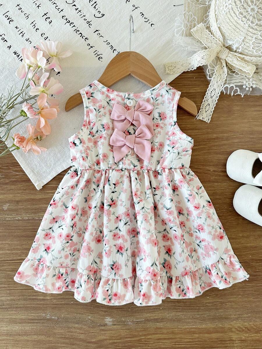 Baby Girl Brown Bowknot Sleeveless Puffy Dress for Casual Fall Outings