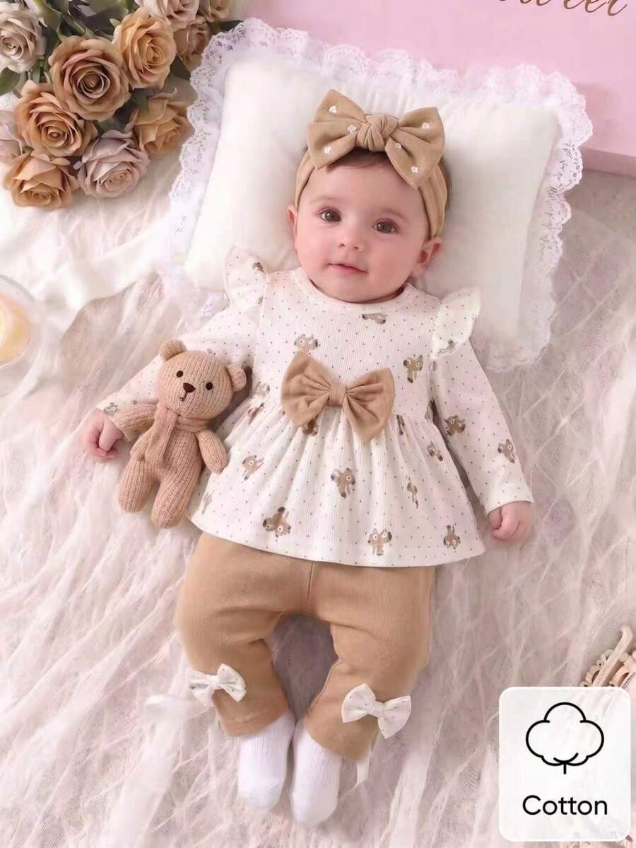 Pink Heart Knit Outfit Set with Bow Detail for Autumn and Spring Wear